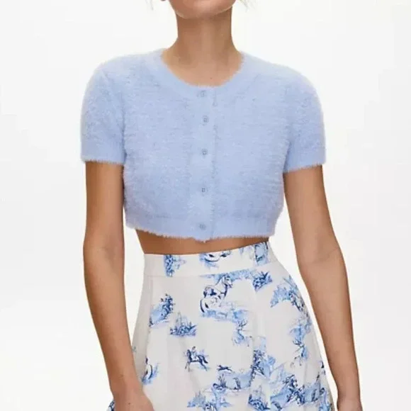 Aritzia Sunday Best Fuzzy Soft Cropped Effie Cardigan Short Sleeve White Small